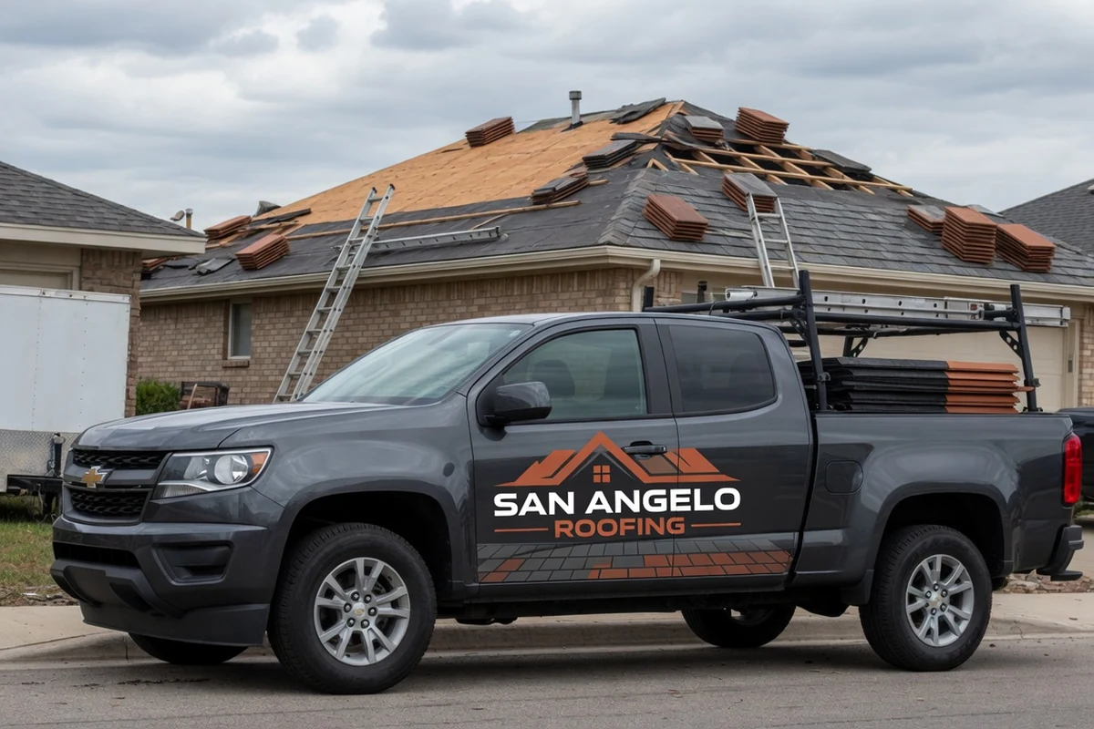 San Angelo Roofing service truck at a residential roofing project